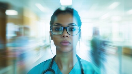 Fototapeta premium A medical professional, wearing glasses, is seen in a health facility.