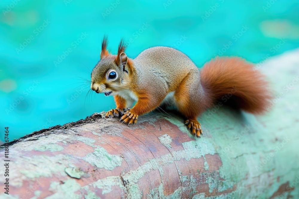 Poster A squirrel perched on the edge of a tree branch, looking around