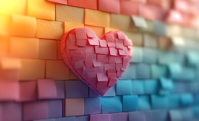 Heart-Shaped Object on a Wall of Vibrant Colorful Squares

