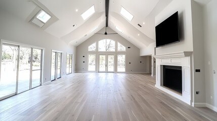 Obraz premium Modern open concept living space with large windows and natural light in a spacious home
