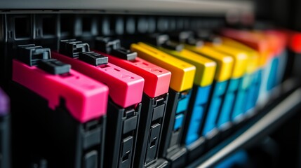 Colorful printer ink cartridges in slots