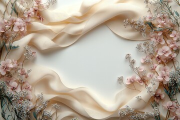 Fototapeta premium A decorative arrangement of soft fabric and flowers framing a blank space for text or images.