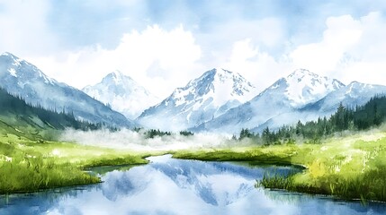 Serene Mountain Lake Reflecting Snowy Peaks