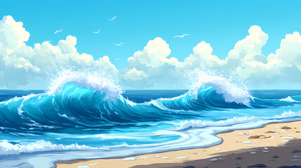 Majestic blue ocean waves crashing against a serene shoreline under a clear sky. Wavecrest. Illustration