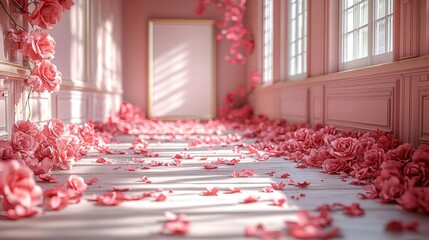Pink Floral Corridor: A pastel dream with a soft, romantic atmosphere, featuring a long hallway adorned with delicate pink flowers, a blank canvas, and sunbeams filtering through the windows.