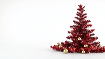 A 3D image of a Christmas tree with red tinsel and gold balls is set against a white background.