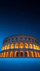 Naklejka premium A snow covered Roman amphitheater in Verona Italy with glowing Christmas lights strung around its arches and a starry winter sky above 