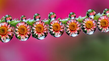   A cluster of dewdrops perched on top of a verdant foliage, adorned with a blush of pink and yellow flora beside a lime stalk