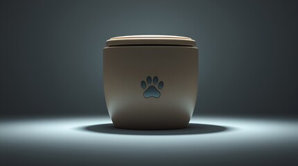 Modern ceramic pet urn for ashes, reflective mood, square shape with paw print, illuminated by dramatic spotlight on dark background, copy space