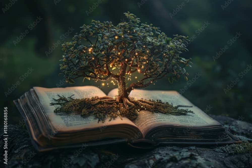 Poster small glowing tree growing from an open book in a dark forest, creating a magical and enchanting atm