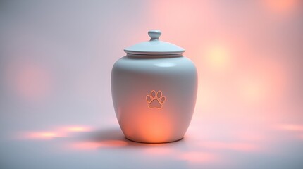 Elegant white ceramic pet urn for ashes, soothing mood, rounded shape with paw print, softly illuminated on gentle background, copy space