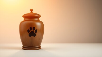 Wooden pet urn for ashes, warm mood, rounded shape with paw print, illuminated by soft light on neutral background, copy space