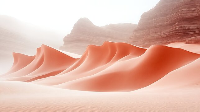 Sculptural sand dunes in a hazy desert landscape.