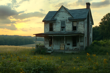 A cinematic shot of an abandoned house in a vast, overgrown field, with dramatic lighting and a moody atmosphere