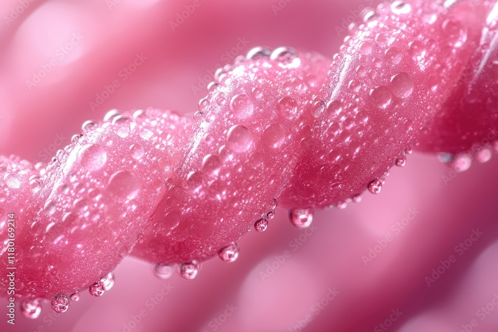 Poster close-up shot of tiny water droplets on the surface of a pink flower, ideal for use in botanical or 