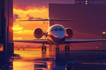 Fototapeta premium Private jet parked near a luxurious hangar during sunrise, with golden light reflecting on its surface.