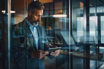 Fototapeta premium Handsome businessman using his tablet in the office