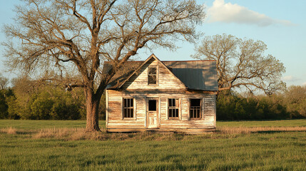 Obraz premium Old rustic retro small wooden house or cottage home building in the rural countryside village field with a tree. exterior outdoor view of abandoned traditional vintage architecture, farmland field hut