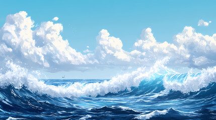 Majestic ocean wave crashing under clear blue sky with white clouds. world tsunami awareness day. Wavecrest. Illustration