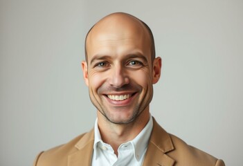 Portrait of a bald man with a warm and friendly smile