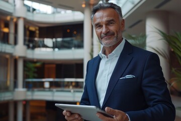 Fototapeta premium Confident CEO in office with digital tablet portrait.