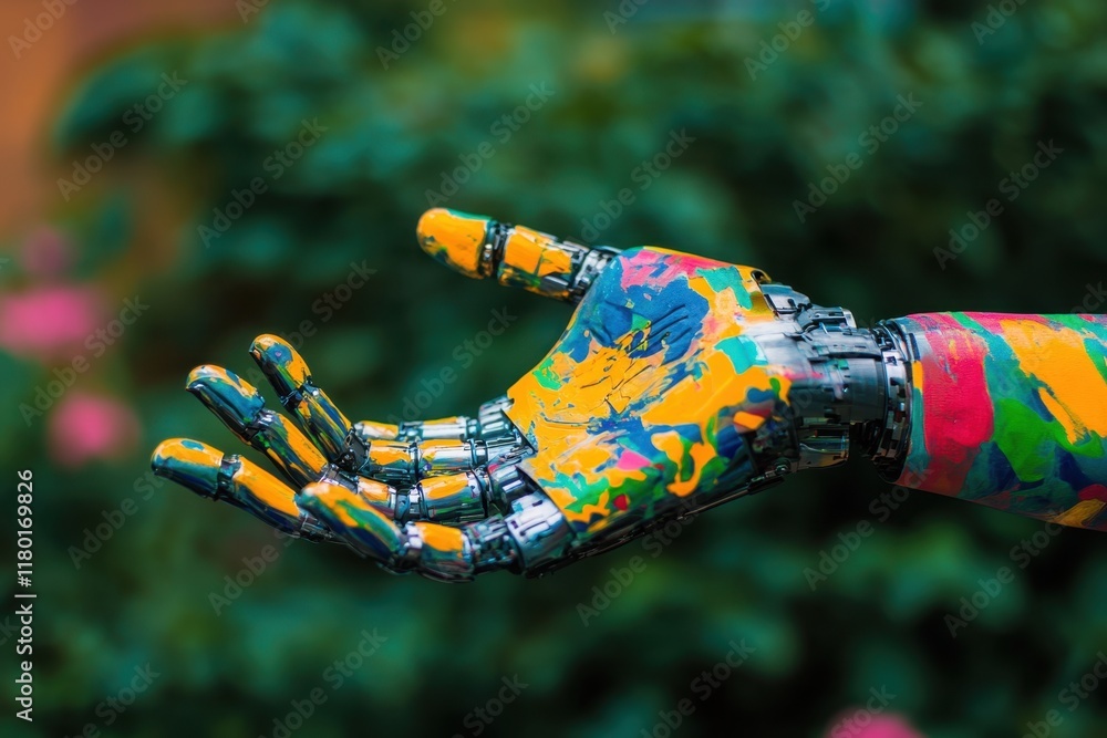Poster colorful robotic hand displaying artistic design in natural setting