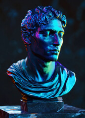 A stunning iridescent male marble bust, Unreal Engine render 8k, vibrant colors, very reflective, perfect lighting, dark indigo background, ZBrush
