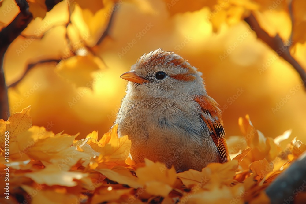 Poster a tiny bird perched on a heap of autumnal leaves, with intricate details and natural textures