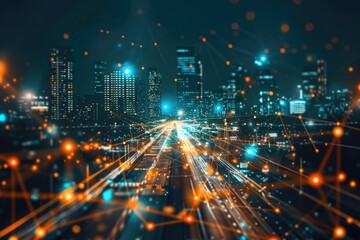 Obraz premium Smart city connectivity through abstract polygon patterns and speed lines.