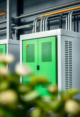 green and clean battery. energy storage system. ESS, blurry foreground, with white tones