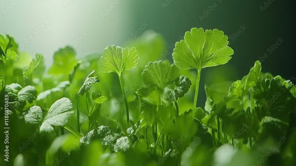Poster a sharp focus on green foliage in the foreground with a soft, hazy background