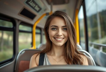 Young woman on a bus with a scenic view
