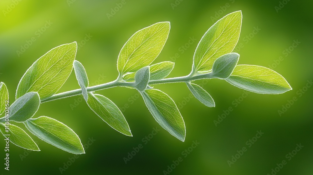 Poster a high-resolution image showing a clear view of a small twig on a branch with lush leaves in the for