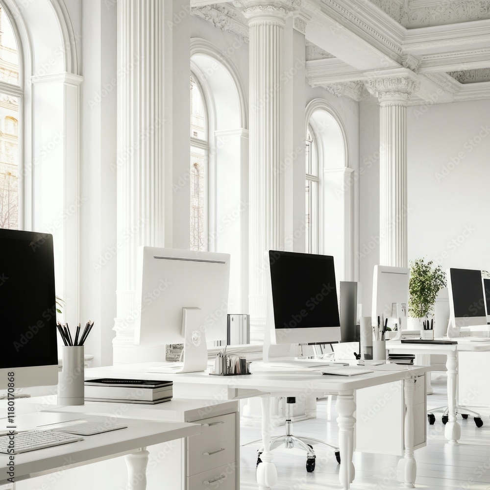 Poster A modern office setting with many desks and computers