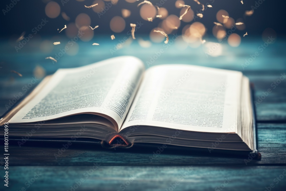 Poster open book lying on a wooden table with falling pieces of paper and bokeh lights, creating a magical 