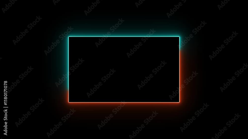 Poster neon rectangular frame with glowing running effects on dark background, abstract techno animation.