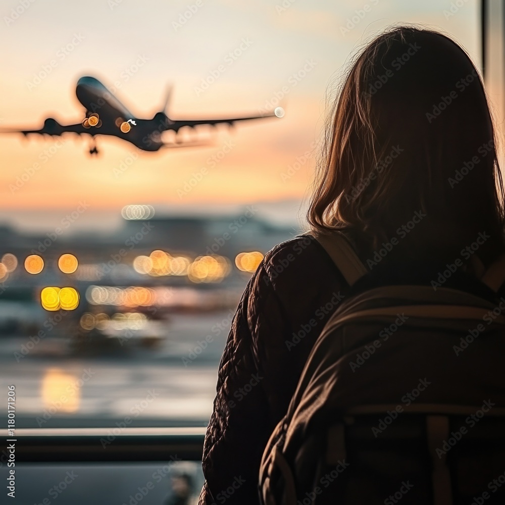 Poster woman looking out the window as an airplane takes off, informative phrase about what pictured on ima