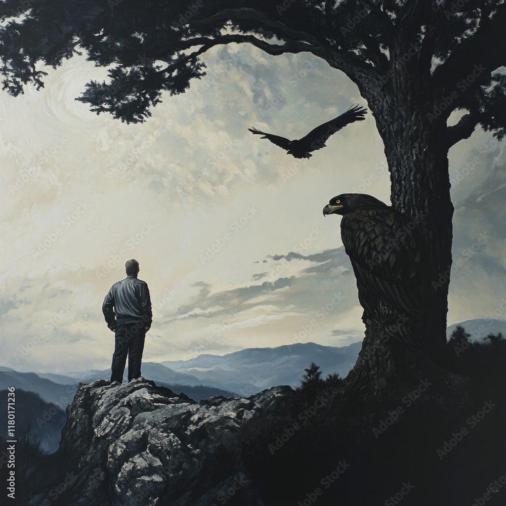 Poster a person standing at the summit of a mountain with breathtaking view