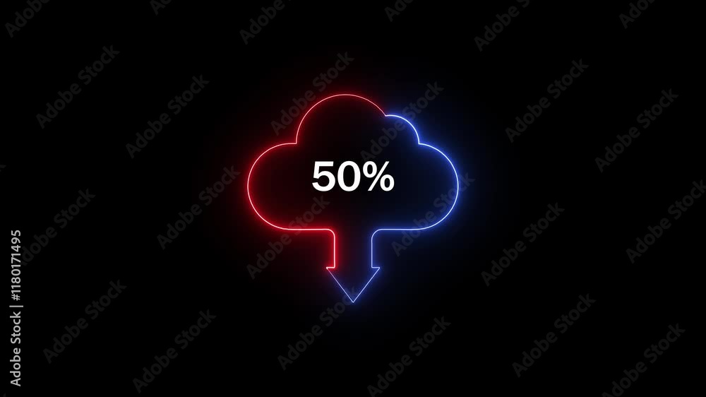 Poster cloud icon with percentage symbol, pending circle, and neon line for file upload/download loading an