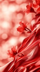 Abstract Tet celebration with flowing gold ribbons intricate peach blossom textures and a soft red glow on a dark background 