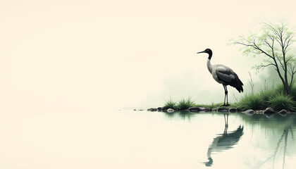 Fototapeta premium Crane standing by calm water with greenery backdrop