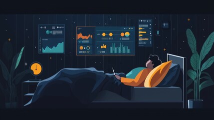 Sleep tracking app user in bed with sleep stages infographic