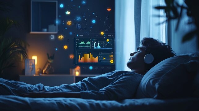 Sleep tracking app user in bed with sleep stages infographic