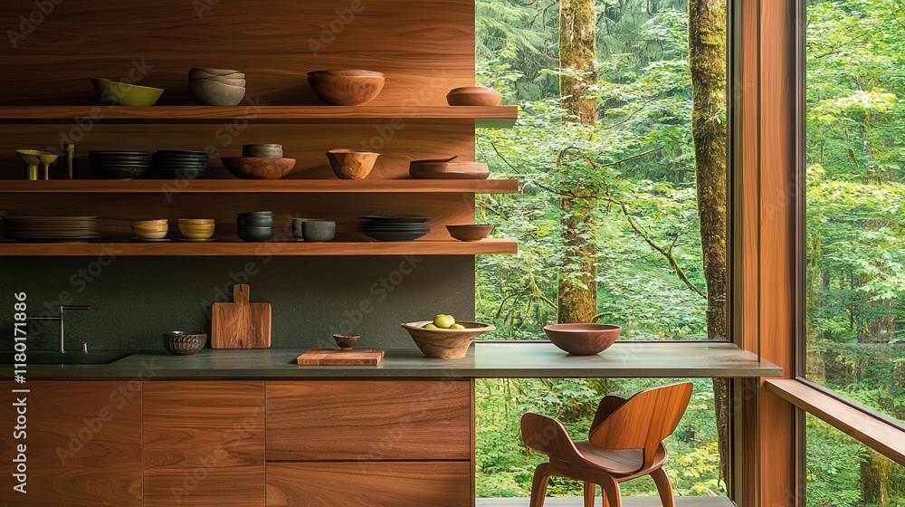 Poster a spacious kitchen boasts ample counter space adjacent to a rustic wooden shelf, adorned with an arr