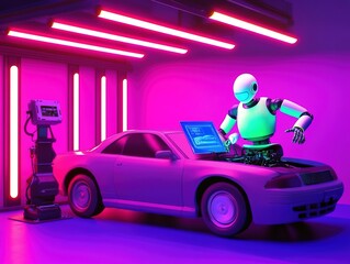 AI robot repairing a car in a neon-lit futuristic garage.