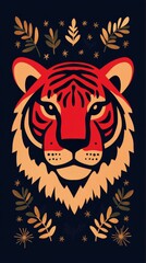 Bright red paper cut style tiger silhouette framed by gold geometric shapes and small fireworks on a dark crimson gradient background 