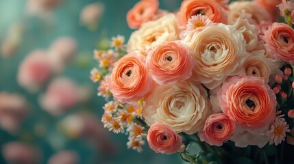 A beautiful bouquet of flowers with soft colors and empty space in the middle for text insertion