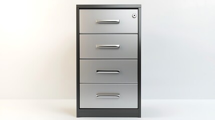A silver four drawer filing cabinet with a silver handle