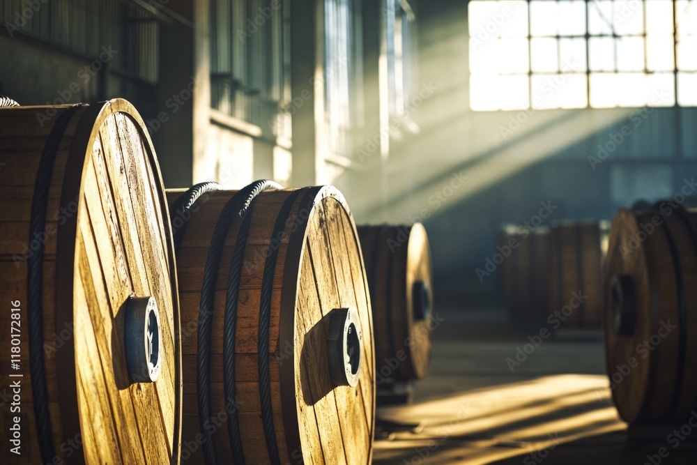 Poster a row of wooden barrels stored in a large warehouse, possibly for storage or shipping