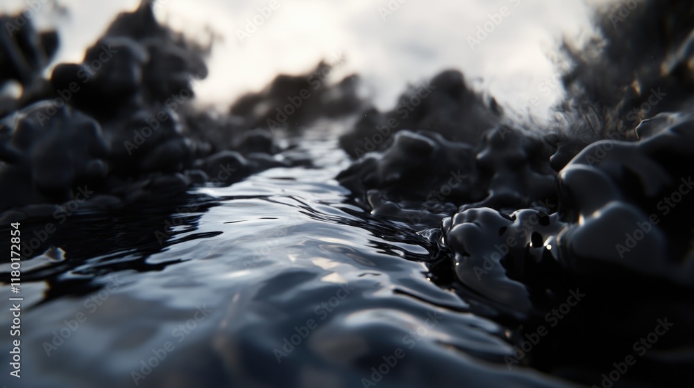 Poster a close-up view of a gentle stream of water flowing through nature
